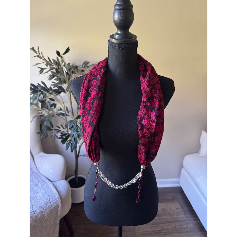 Burgundy Floral Chenille Scarf Necklace Crystal Beaded Magnetic Clasp Burgundy